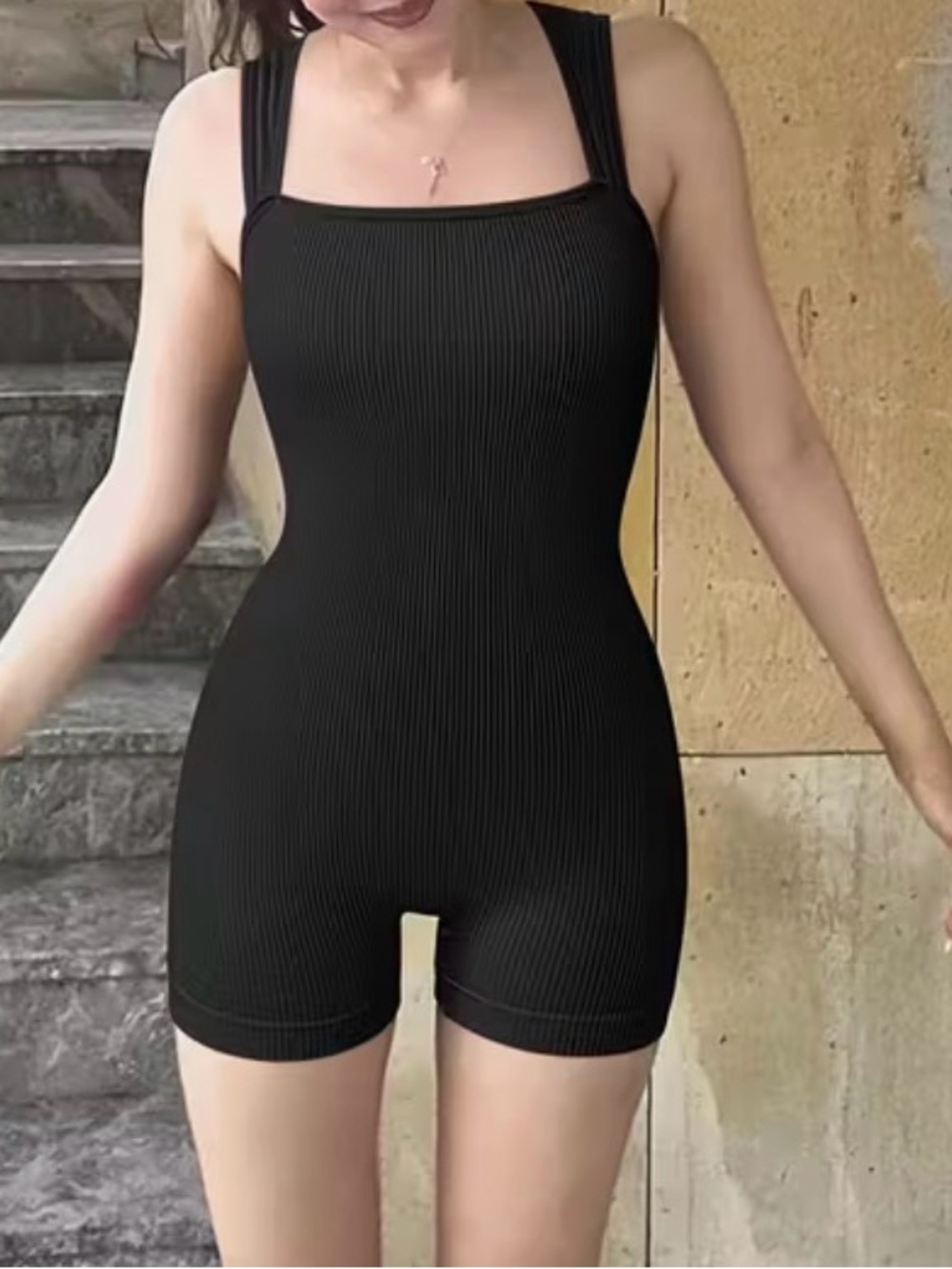 Ribbed Black Square-Neck Romper